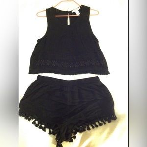 Black Tassel Crop Top Set
